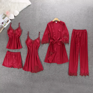 Women Silky Night Dress Lace Satin Robe Plain Color Sexy Five Piece Pajamas Set