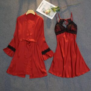Spring Summer Two Pieces Sexy Backless Night Gown Set Silk Satin Nightdress Lace Women Sleepwear Robe Set