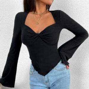 Women Sexy Cropped Flare Sleeve Tops Irregular Solid V-neck Blouse Shirts Trumpet Sleeve Lettuce Trim Twist Hanky Hem Crop Tee