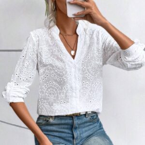 V-neck Women Blouse Eyelet Embroidery Roll up Long Sleeve Notched Neckline Shirt