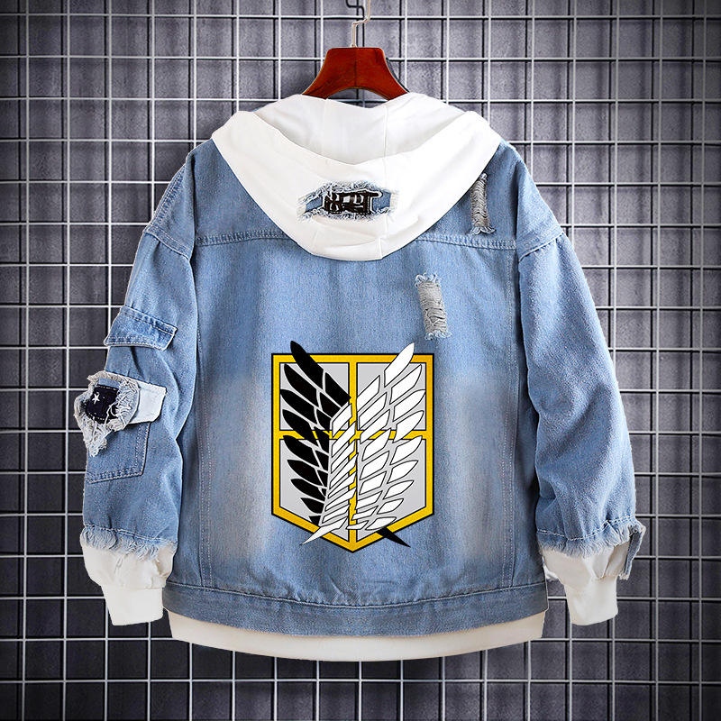 Distressed Denim Jacket with Lapel Buttons Anime Men's Hooded Denim Jacket Attack on Titan Denim Sweatshirt - Image 2