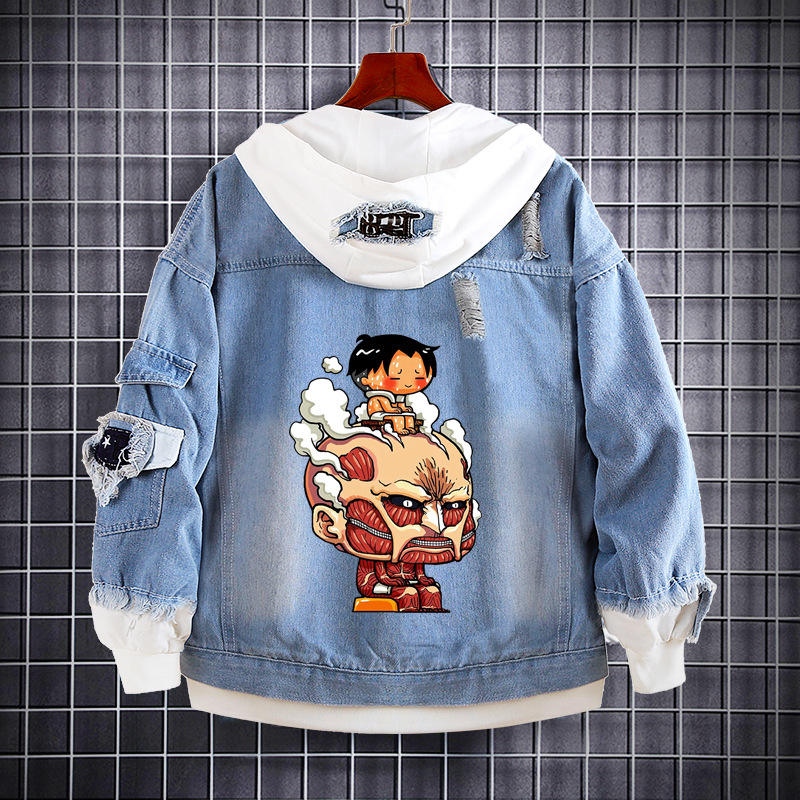 Distressed Denim Jacket with Lapel Buttons Anime Men's Hooded Denim Jacket Attack on Titan Denim Sweatshirt - Image 3