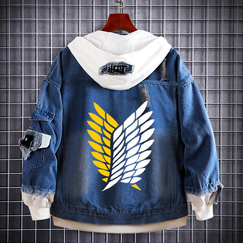 Distressed Denim Jacket with Lapel Buttons Anime Men's Hooded Denim Jacket Attack on Titan Denim Sweatshirt
