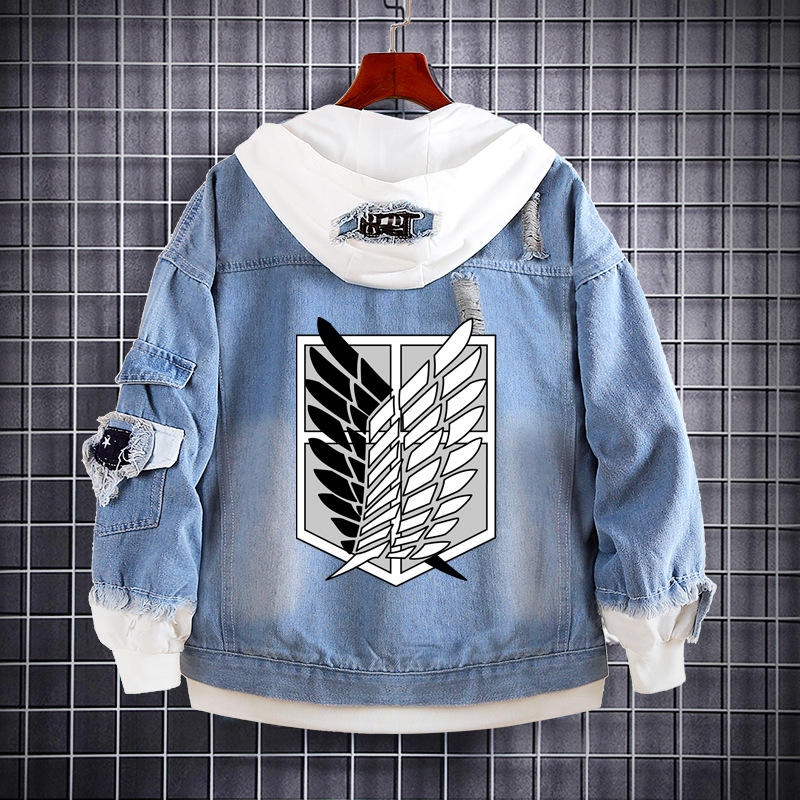 Distressed Denim Jacket with Lapel Buttons Anime Men's Hooded Denim Jacket Attack on Titan Denim Sweatshirt - Image 5
