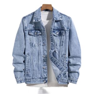 Promotion for Men's Casual Winter Blue Jeans Jacket Single Breasted with Revers Dyed and Washed Denim High Quality Long Sleeve