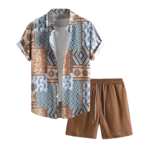 Letter Graphic Print Button Front Short Sleeve Shirt Top Short Set Breathable Printed Summer Men Shirt Set BY AMAZING INDUSTRIES