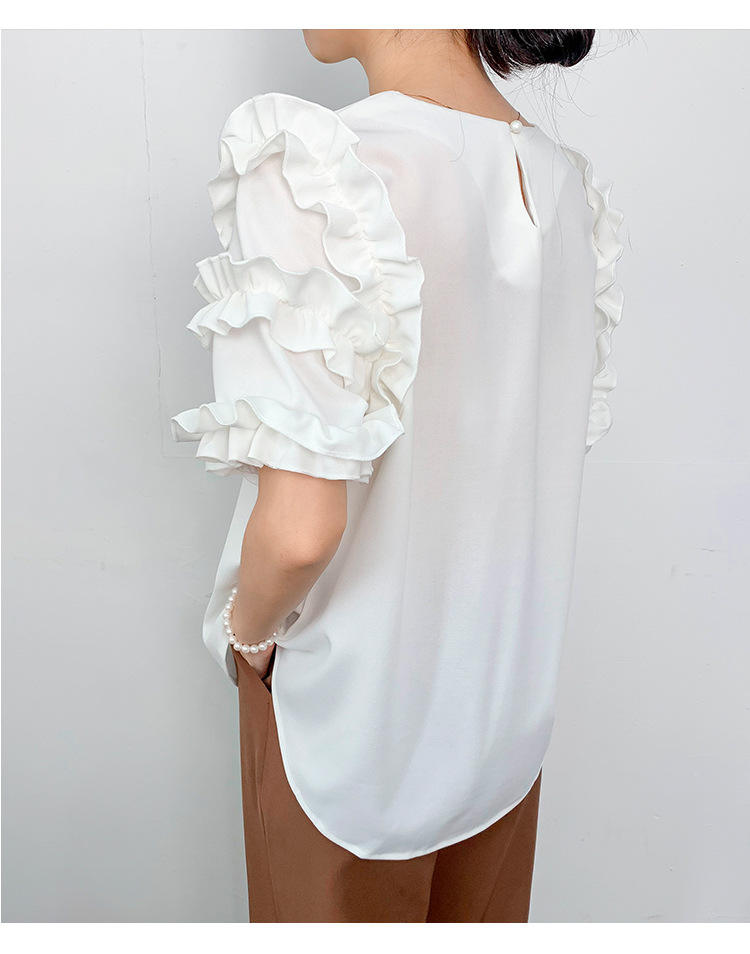 Women's Crew Neck Blouses Elegant Layered Ruffle Sleeve T-Shirt Casual Style Top Blouse - Image 3