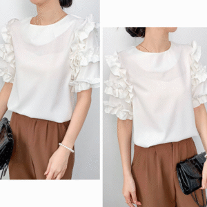 Women's Crew Neck Blouses Elegant Layered Ruffle Sleeve T-Shirt Casual Style Top Blouse