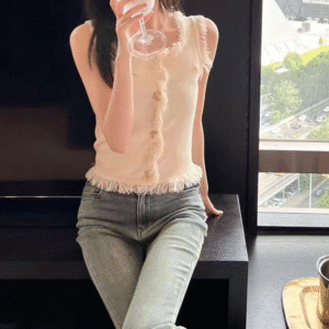 Summer Chic Fringed Hem Knitted Vest Slim Fit Sleeveless Tank Top Women's Breathable Casual T-Shirt Single-breasted Chic Top