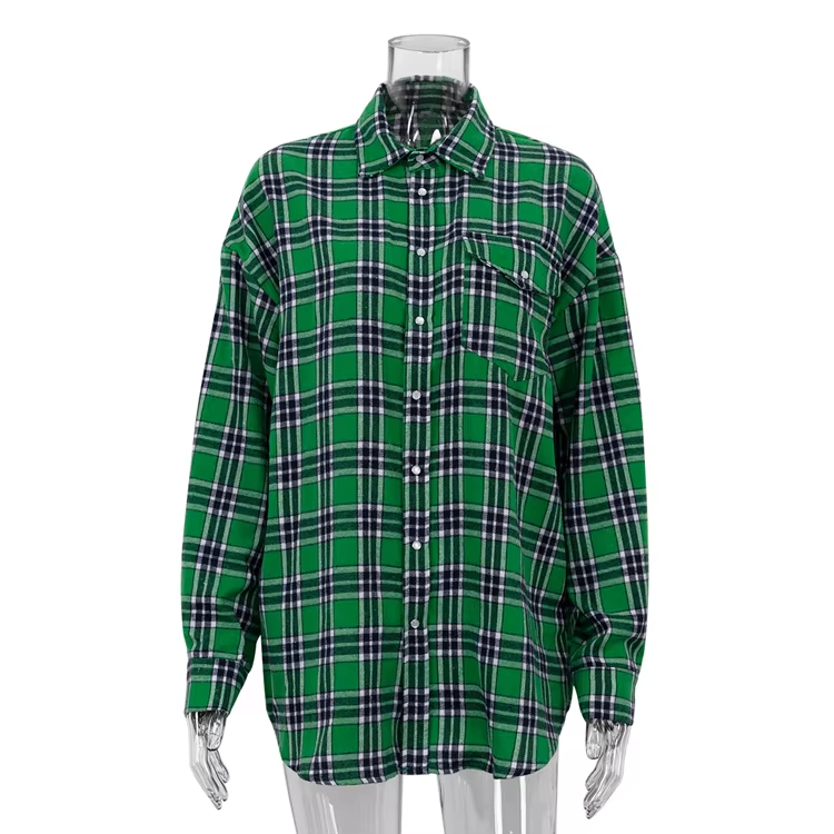Women Tops Fashionable Cotton Polyester Blend Button Down Long Sleeve Women's Plaid Shirt - Image 2