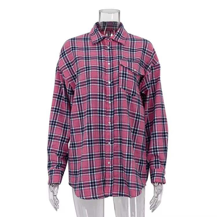 Women Tops Fashionable Cotton Polyester Blend Button Down Long Sleeve Women's Plaid Shirt - Image 4