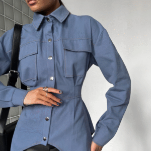 Cut-Out Irregular Hem Designs Waist Slim Blue Streetwear Tops Double Pockets Button Down Long Sleeve Shirt for Women