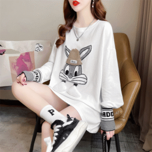 Autumn and Winter Women's Bottom Coat Round Neck Elastic Cartoon Three-dimensional Decoration Luxury Brand Long Sleeve T-shirt