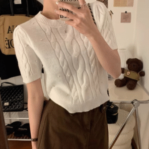 Women's Vintage Knit Sweater Autumn Beaded O-Neck Short Sleeve Casual Pullover Elegant Solid Versatile Top Chic Short Sweater