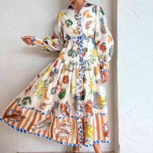 Spring Custom Print Vacation Turn-down Collar Tunic Casual Midi Dress for Women Lantern Sleeve Empire Printed Long Dress
