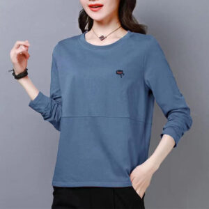 Women's T-shirt long sleeved spring and autumn solid color base shirt loose pullover top embroidered women's fashionable streetwear