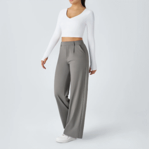 Women's high waisted fashionable solid color woven cotton wide leg pants with two side pockets loose sweater pants