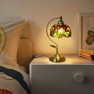 Tiffany Style Table Lamp Beautiful Grapes and Leaves Handmade Stained Glass Desk with Leaf Iron Base Vintage Curved Reading Lamp