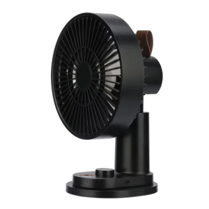 Sleek White Desktop Fan With Foldable Circular Blades Handheld Battery Operated Features a Brown Knob Switch Attachable Clip
