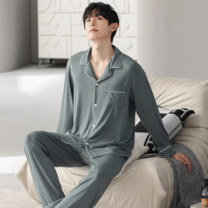 Men's Casual Solid Style Modal Pyjamas 2pc Set Breathable V-Neck Long Sleeves Top and Pants Knitted Fabric Sleepwear